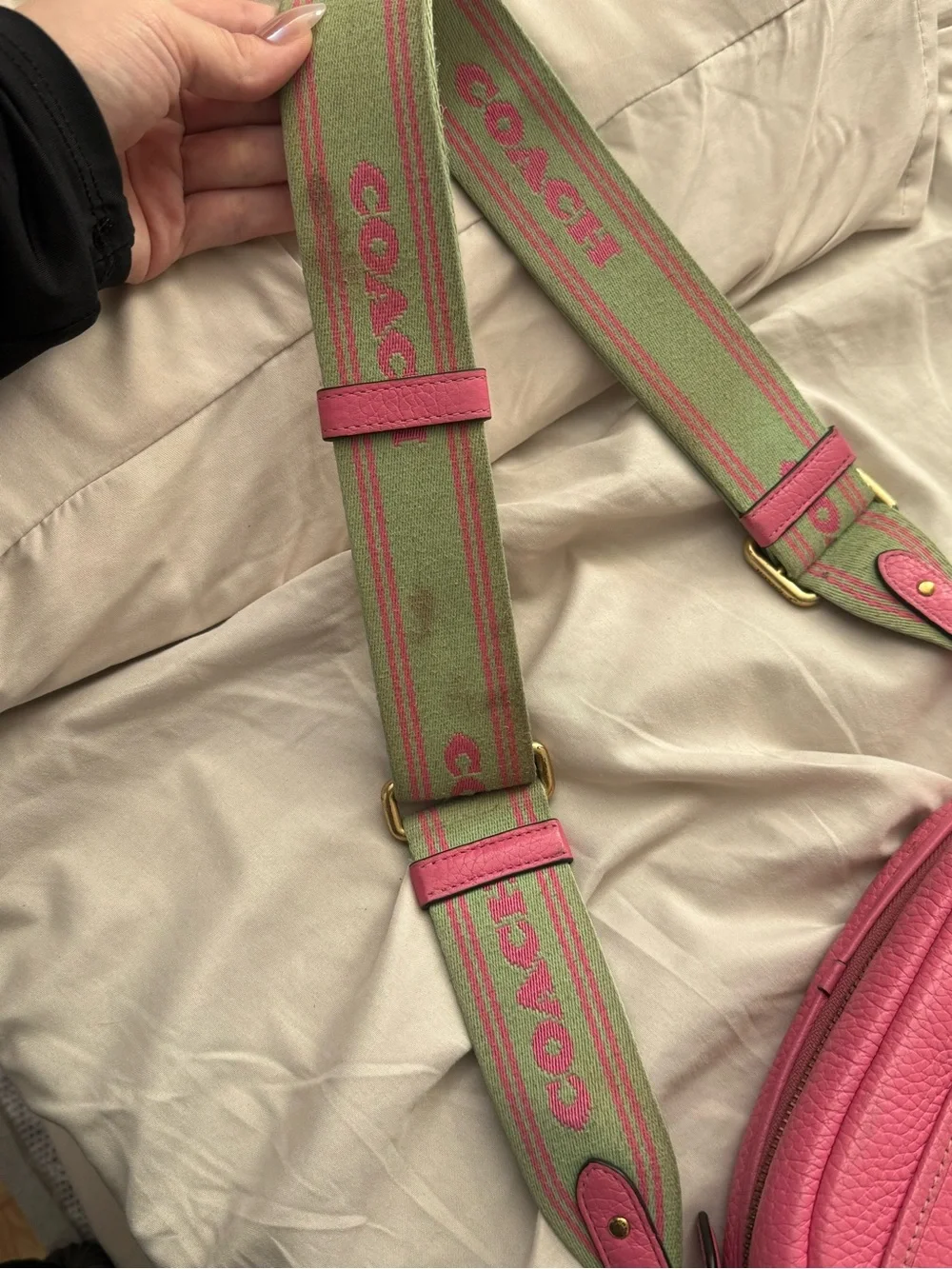 Coach Pink Leather Crossbody with Green and Pink Striped Strap